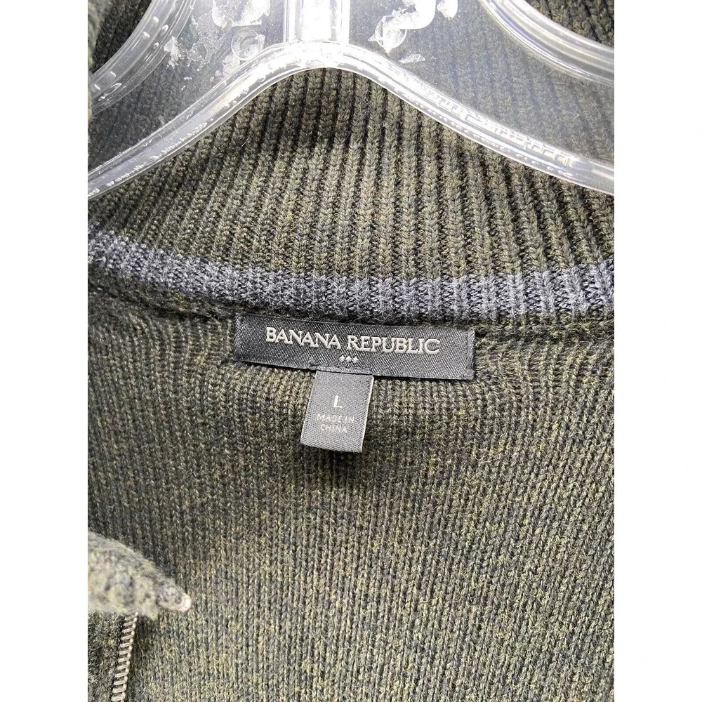 Banana Republic Sweater Men Sz‎ Large Green Gray Wool Full Zip Elbow Patch Cabin